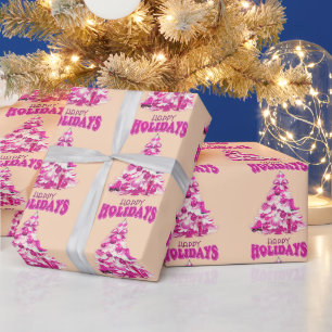 Cute Girly Pink Christmas Tree Happy Holidays Wrapping Paper