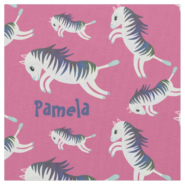 Cute Girly Pink Custom Name Zebra Printed Fabric (Close Up)