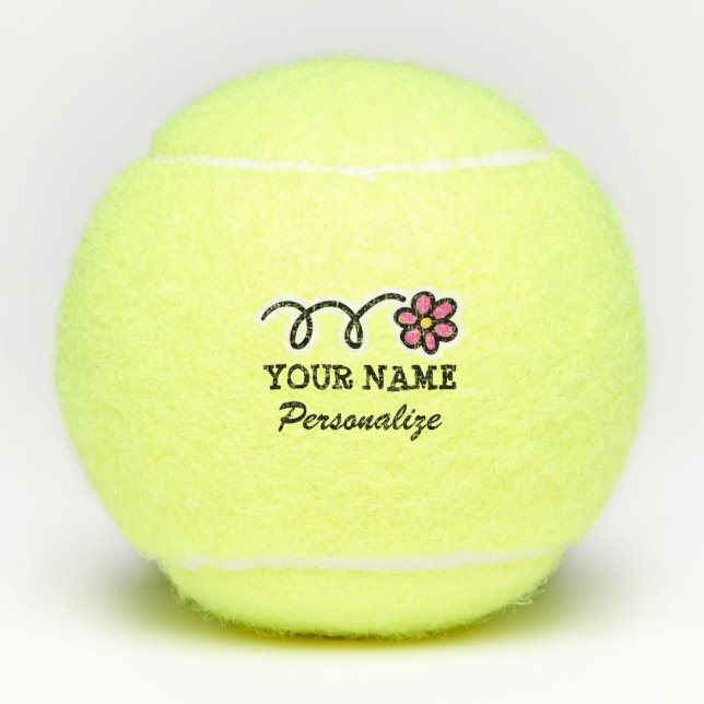 Cute girly pink daisy flower custom name printed tennis balls (Front)