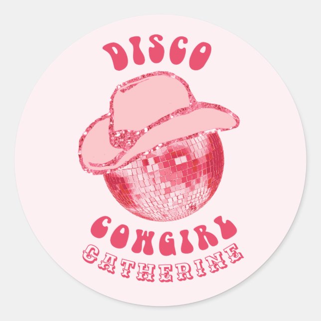 Cute Girly Pink Disco Cowgirl Name Classic Round Sticker (Front)