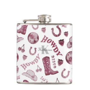 Cute Girly Pink Disco Cowgirl Name Monogram Hip Flask