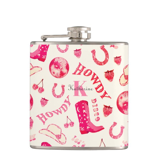 Cute Girly Pink Disco Cowgirl Name Monogram Hip Flask (Front)