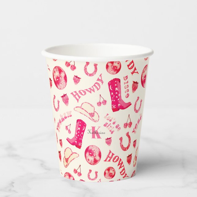 Cute Girly Pink Disco Cowgirl Name Monogram Paper Cups (Front)