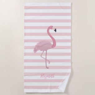 Cute Girly Pink Flamingo , Stripes  -Personalized Beach Towel