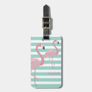 Cute Girly Pink Flamingos  On Mint  White Stripes Luggage Tag