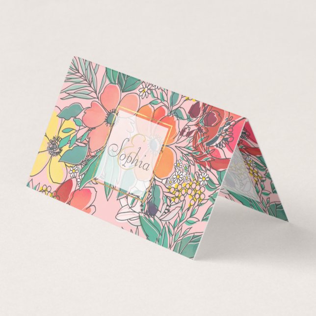 Cute girly pink floral hand drawn design business card (Front)