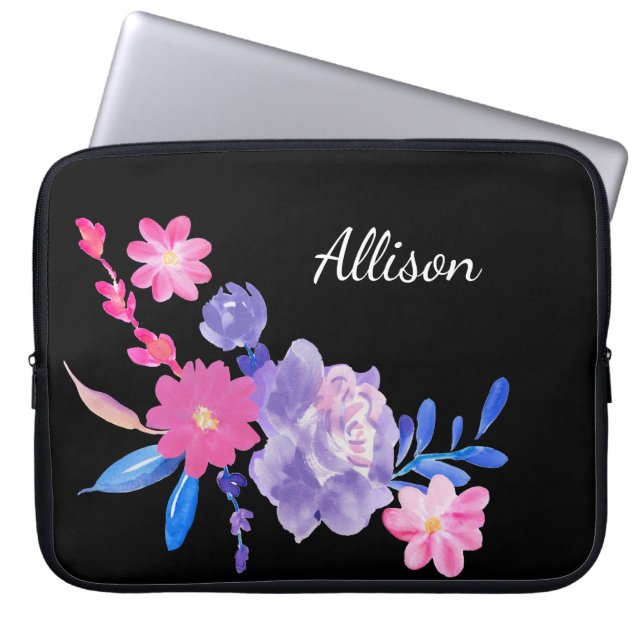 Cute Girly Pink Floral Monogrammed Laptop Sleeve (Front)