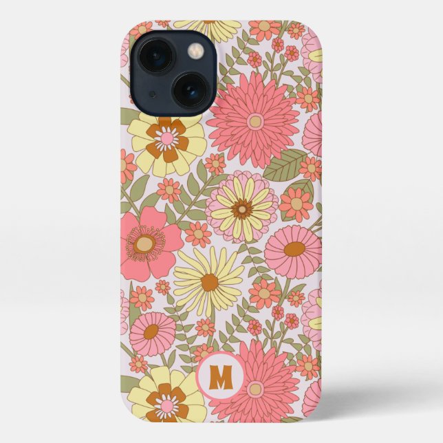 Cute Girly Pink Floral Pattern Monogrammed iPhone Case (Back)