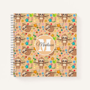 Cute Girly Pink Floral Sloth Pattern Monogrammed Notebook
