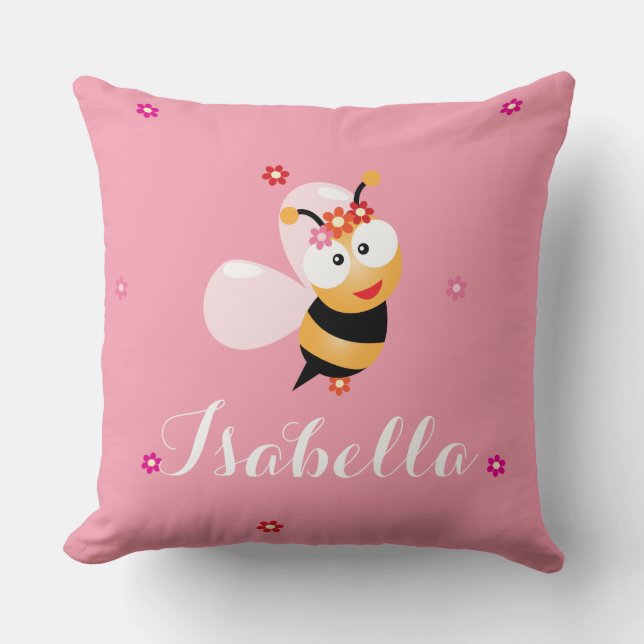 Cute Girly Pink Flower Girl Baby Bee Cartoon Throw Pillow (Front)