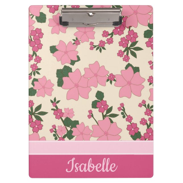 Cute Girly Pink Flower Pattern Personalised Clipboard (Front)