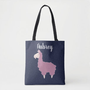 Cute Girly Pink Fluffy Llama & Name Tote Bag