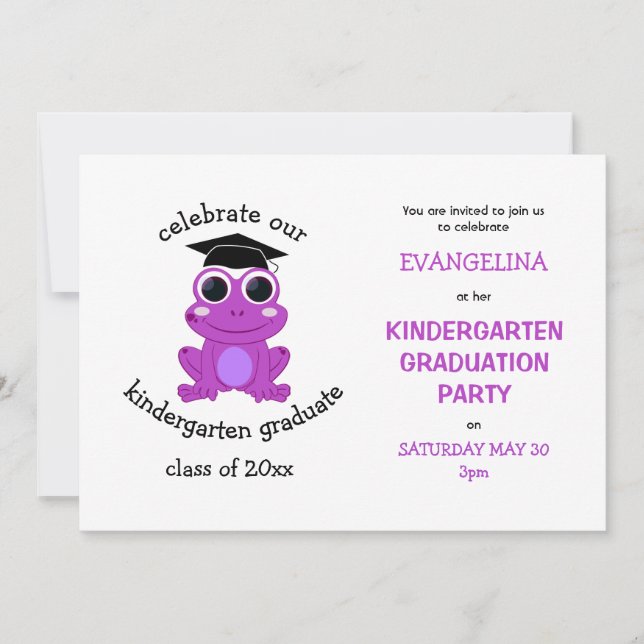 Cute Girly Pink Frog Kindergarten Graduation Party Invitation (Front)