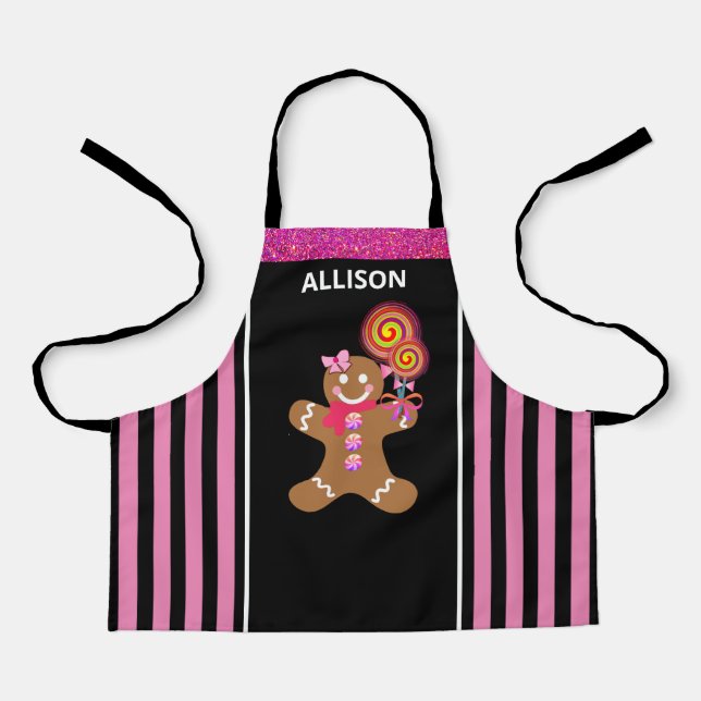 Cute Girly Pink Gingerbread Girl Personalized Kids Apron (Front)