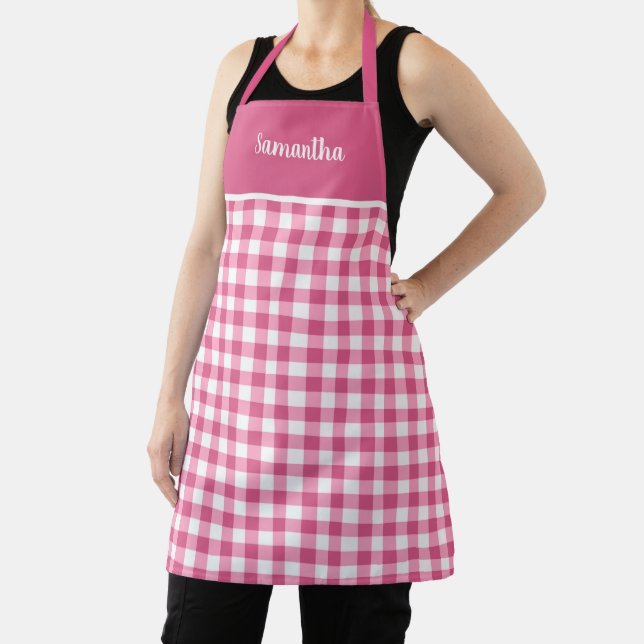 Cute Girly Pink Gingham Name Personalized Apron (Insitu)