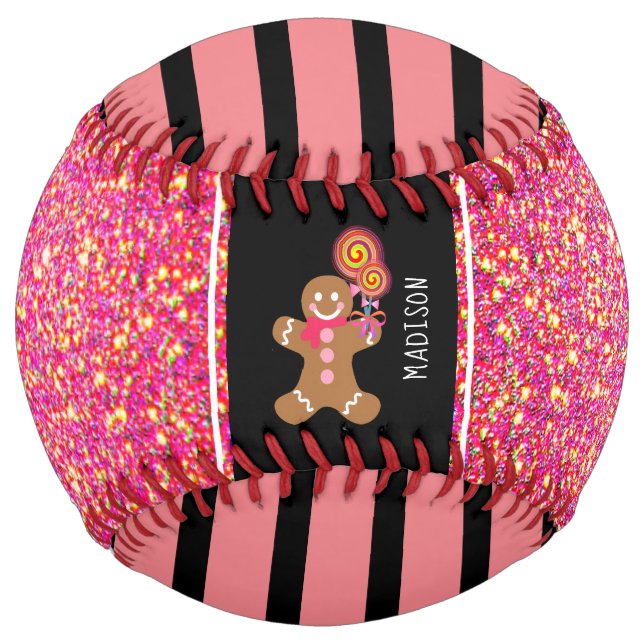 Cute Girly Pink Glitter Gingerbread Personalized Softball (Front)