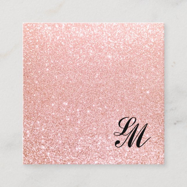 Cute Girly Pink Glitter Monogram Beauty Square Business Card (Front)