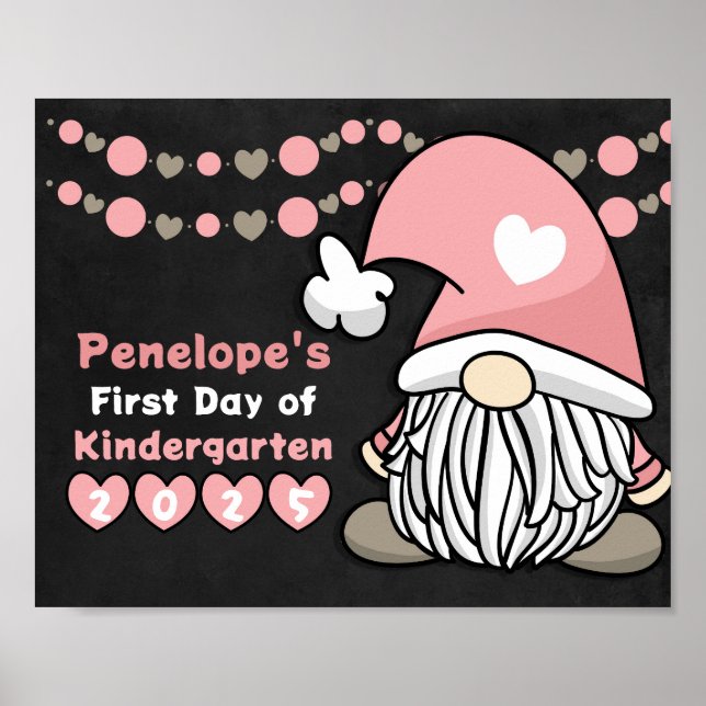 Cute Girly Pink Gnome First Day School Chalkboard Poster (Front)