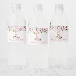 Cute Girly Pink & Gold Bunny Rabbit Birthday Favou Water Bottle Label