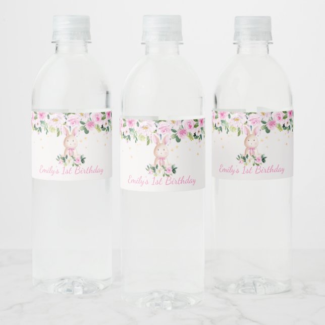 Cute Girly Pink & Gold Bunny Rabbit Birthday Favou Water Bottle Label (Bottles)