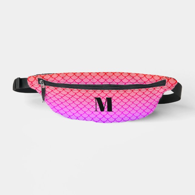 Cute Girly Pink Gradient Mermaid Scales Monogram Fanny Pack (Front)