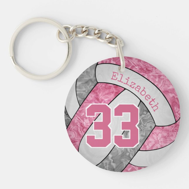 cute girly pink grey personalized volleyball keychain (Front)