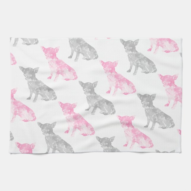 Cute girly pink grey watercolor chihuahua pattern kitchen towel (Horizontal)