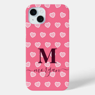 Cute Girly Pink Heart Monogram name  iPhone 15 Mini Case