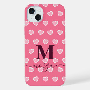 Cute Girly Pink Heart Monogram name  iPhone 15 Plus Case