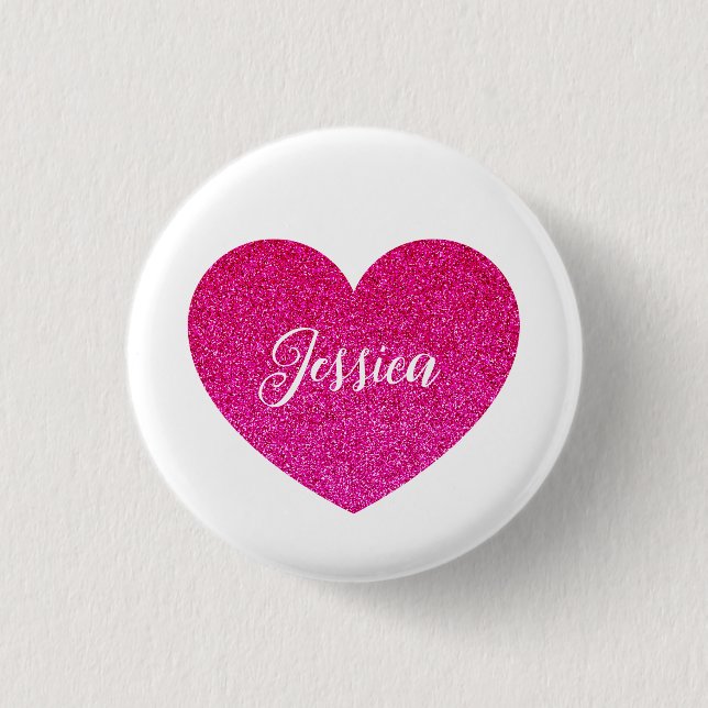 Cute Girly Pink Heart Personalized Name 1 Inch Round Button (Front)