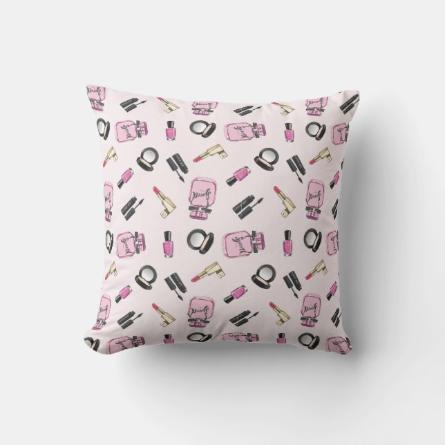 Cute Girly Pink Makeup Fun Throw Pillow (Front)