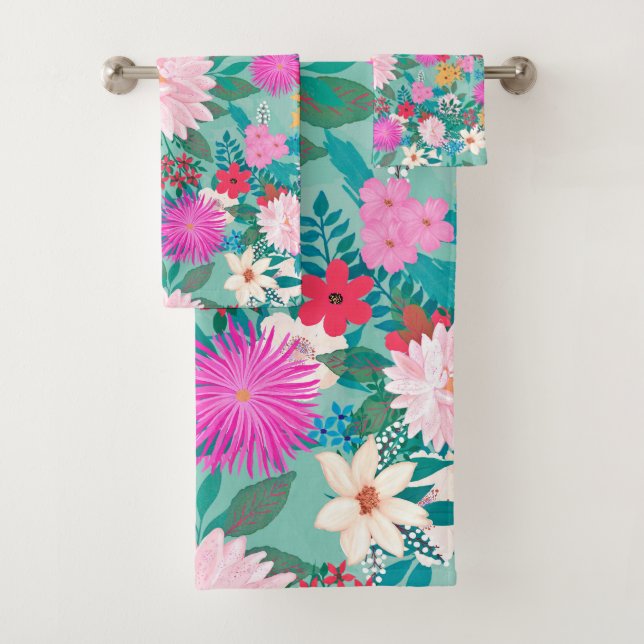 Cute girly pink & Mint hand paint floral design Bath Towel Set (Insitu)