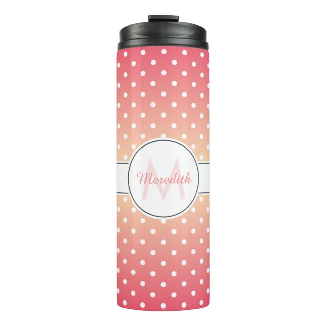 Cute Girly Pink Ombre Monogram Polka Dot Thermal Tumbler (Front)