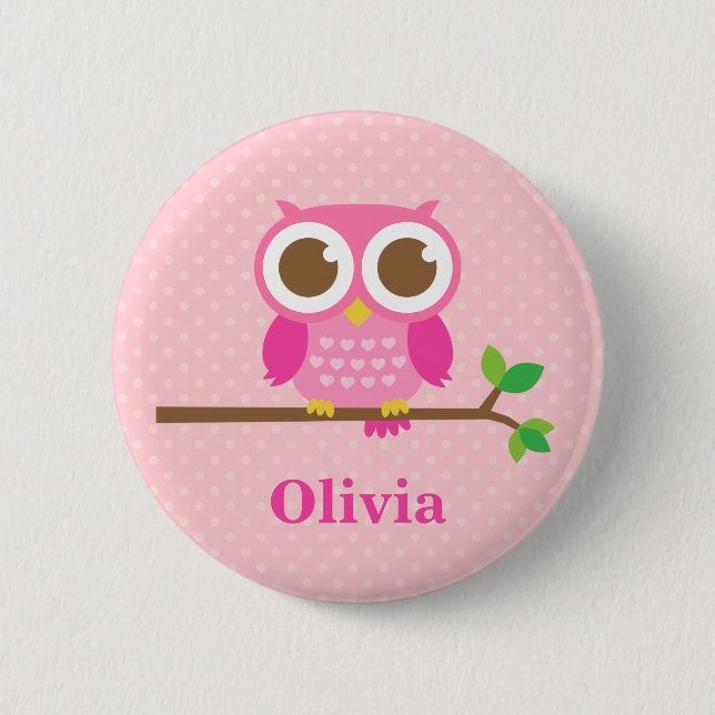 Cute Girly Pink Owl on Branch For Girls 2 Inch Round Button (Front)