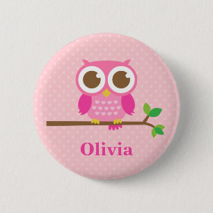 Cute Girly Pink Owl on Branch For Girls 2 Inch Round Button