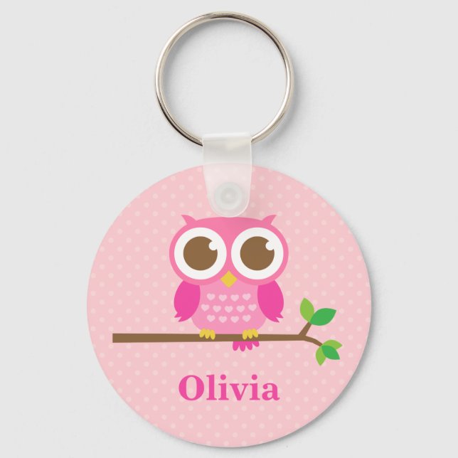 Cute Girly Pink Owl on Branch For Girls Keychain (Front)