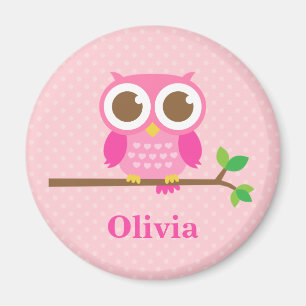 Cute Girly Pink Owl on Branch For Girls Magnet