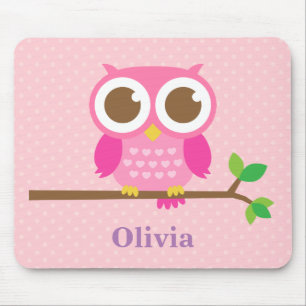 Cute Girly Pink Owl on Branch For Girls Mouse Pad
