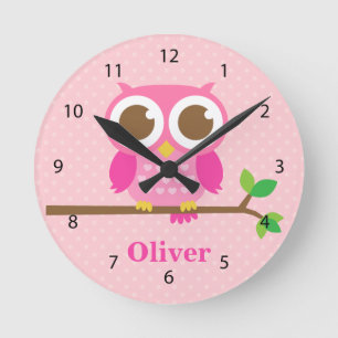 Cute Girly Pink Owl on Branch Girls Room Decor Round Clock