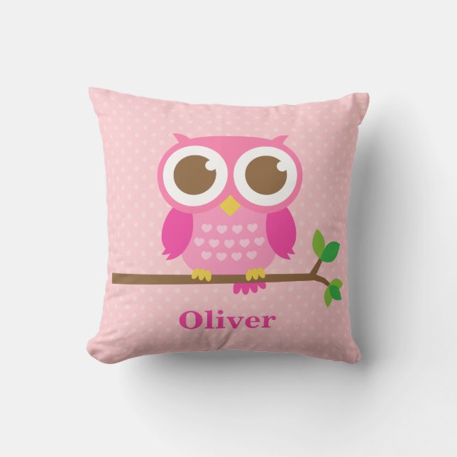 Cute Girly Pink Owl on Branch Girls Room Decor Throw Pillow (Front)