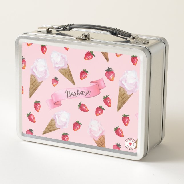 Cute Girly Pink Personalized Strawberry Ice Cream Metal Lunch Box (Front)