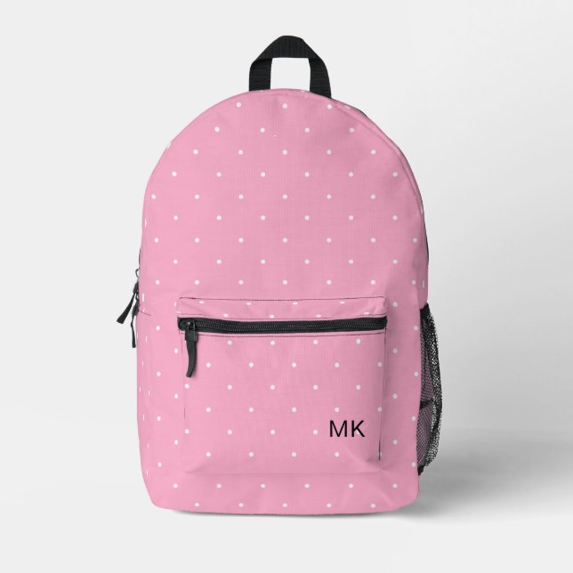 Cute Girly Pink Polka Dot Monogram Initials Printed Backpack (Front)