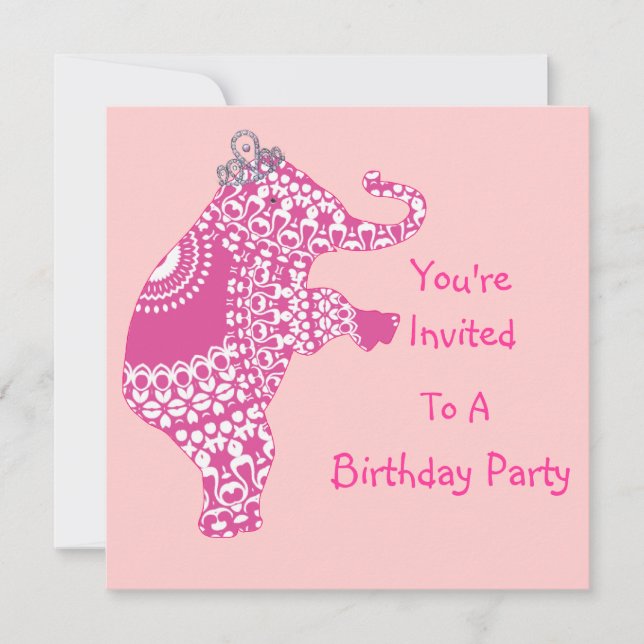 Cute Girly Pink Princess Elephant Party Invitation (Front)