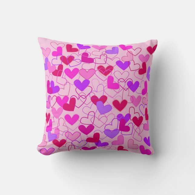 Cute Girly Pink Purple and Red Hearts Pattern Throw Pillow (Front)