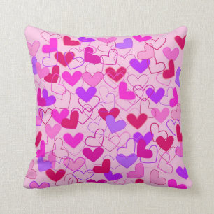 Cute Girly Pink Purple and Red Hearts Pattern Throw Pillow