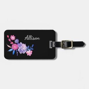 Cute Girly Pink Purple Black Floral Monogram Name Luggage Tag