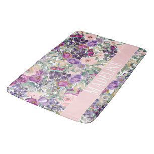 Cute Girly Pink Purple Flowers Your Name Bath Mat