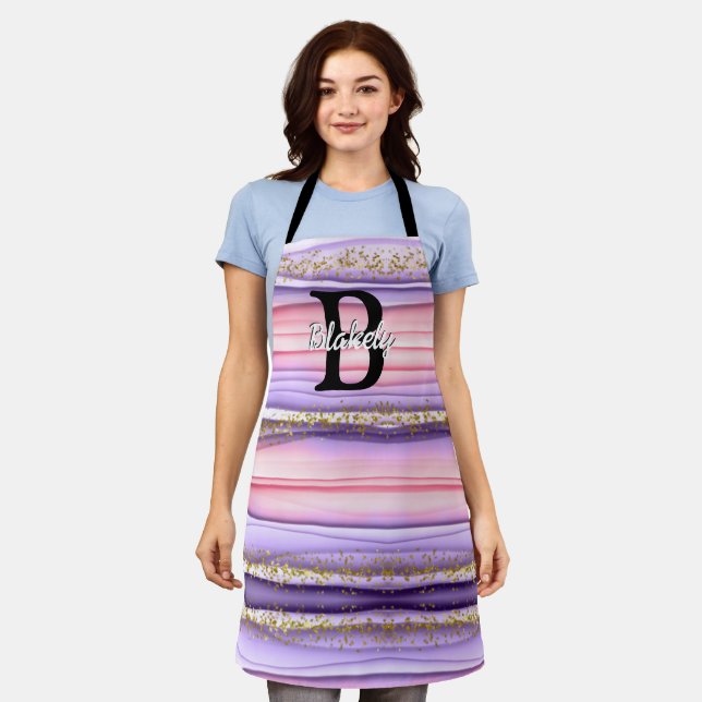 Cute Girly Pink & Purple Monogram Glitter Sparkle Apron (Worn)