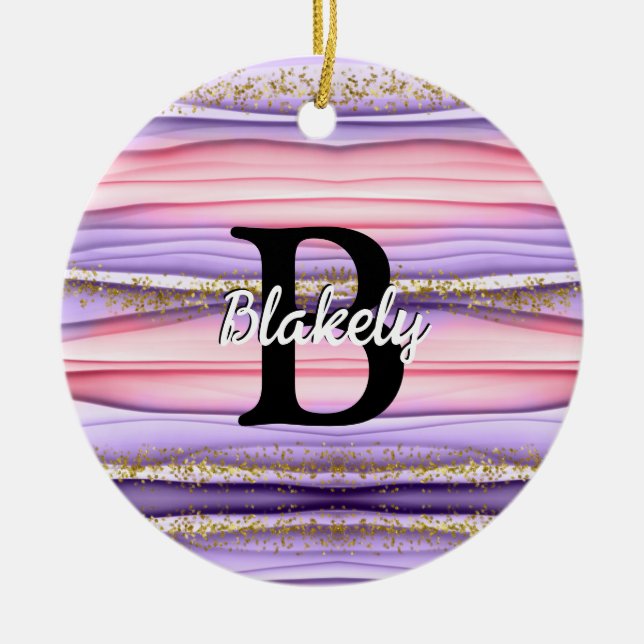 Cute Girly Pink & Purple Monogram Glitter Sparkle Ceramic Ornament (Front)