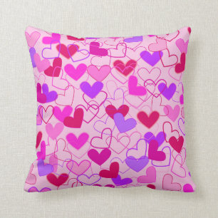 Cute Girly Pink Purple & Red Hearts Pattern Throw Pillow